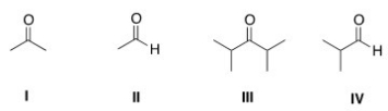 Rank the following compounds in order of decreasing reactivity in nucleophilic addition reactions,starting with the most reactive compound.   A) III > I > IV > II B) II > IV > I > III C) IV > II > III > I D) II > IV > III > I