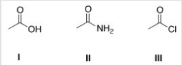Rank the following compounds in order of increasing reactivity in nucleophilic acyl substitution reactions,starting with the least reactive compound.   A) III < II < I B) II < III < I C) III < I < II D) II < I < III