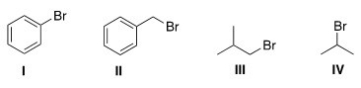 Which of the following halides will not work as an electrophile in a Friedel-Crafts alkylation reaction?   A) I B) II C) III D) IV