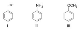 What is the correct assignment of the names of the following substituted benzenes?   A) I = Styrene; II = aniline; III = anisole B) I = Toluene; II = anisole; III = styrene C) I = Styrene; II = anisole; III = phenol D) I = Toluene; II = aniline; III = anisole