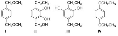 What is the structure of a compound of molecular formula C<sub>10</sub>H<sub>14</sub>O<sub>2</sub> that shows a strong IR absorption at 3150 ¾2850 cm<sup>-1</sup> and gives the following <sup>1</sup>H NMR absorptions: 1.4 (triplet,6H) ; 4.0 (quartet,4H) ; and 6.8 (singlet,4H) ppm?   A) I B) II C) III D) IV