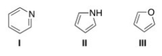 What is the correct assignment of the names of the following aromatic heterocycles?   A) I = pyridine; II = pyrimidine; III = furan B) I = pyrimidine; II =pyrrole; III = furan C) I = pyridine; II = pyrrole; III = furan D) I = pyrimidine; II = pyrrole; III = tetrahydrofuran