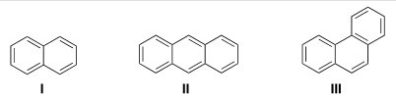 What is the correct assignment of the names of the following fused aromatic compounds?   A) I = naphthalene; II = anthracene; III = phenanthrene B) I = naphthalene; II = phenanthrene; III = anthracene C) I = naphthalene; II = phenanthrene; III = benzo[a]pyrene D) I = anthracene; II = naphthalene; III = phenanthrene