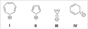 Which of the following ions is aromatic?   A) I B) II C) III D) IV
