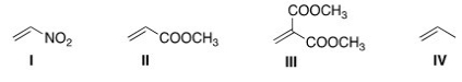 Which of the following compounds is the most reactive dienophile in a Diels-Alder reaction?   A) I B) II C) III D) IV