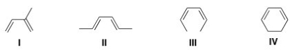 Which of the following is the least reactive diene in a Diels-Alder reaction?   A) I B) II C) III D) IV