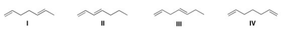 Which of the following compound absorbs UV light at the longest wavelength?   A) I B) II C) III D) IV