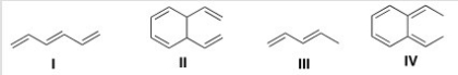 Which of the following compound absorbs UV light at the longest wavelength?   A) I B) II C) III D) IV