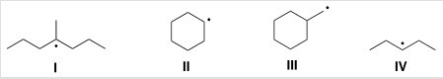 Which of the following compounds contain tertiary (3°) radical carbons?   A) Only I B) Only II C) Only III D) Only II and IV