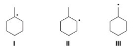 Rank the following radicals in order of increasing stability,putting the least stable first.   A) III< I < II B) I < II < III C) III < II < I D) I < III < II