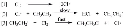 A possible reaction of ethane with chlorine is shown below.   This reaction could conceivably occur by the following chain mechanisms [1],[2],and [3].The chain propagating step(s) is (are) ________.   A) Only [1] and [2] B) Only [2] and [3] C) Only [1] and [3] D) Only [3]