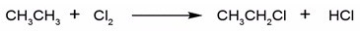 A possible reaction of ethane with chlorine is shown below.   This reaction could conceivably occur by the following chain mechanisms [1],[2],and [3].Determine DH for step [1].   Bond dissociation energies (kcal/mol) :   A) -5 kcal/mol B) +58 kcal/mol C) -28 kcal/mol D) None of the choices are correct.