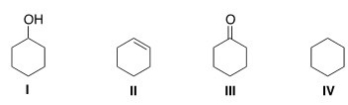 Rank the following compounds in order of decreasing oxidation level,putting the compound with the highest oxidation level first.   A) II > IV > I > III B) I > III > IV > II C) III > I > II > IV D) III > I > IV > II
