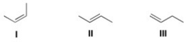 Rank the following alkenes in order of decreasing heat of hydrogenation.   A) I > II > III B) III > I > II C) II > I > III D) III > II > I