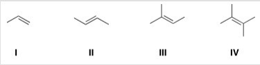 Rank the following alkenes in order of increasing rate of hydrogenation.   A) I < III < IV < II B) IV < III < II < I C) I < II < III < IV D) IV < II < III < I