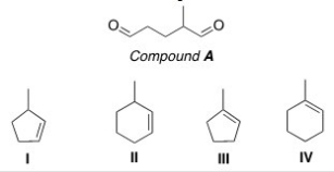 After ozonolysis and treatment of the unstable ozonide with CH<sub>3</sub>SCH<sub>3</sub>,compound A was converted to the compound below.What is the structure of compound A?   A) I B) II C) III D) IV