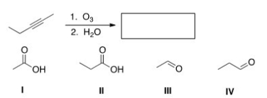 Which of the following is (are) formed by ozonolysis of the following alkyne?   A) Only I and II B) Only III and IV C) Only I and IV D) Only II and III