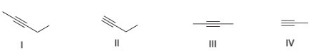 Which of the following represents an internal alkyne?   A) Only I and II B) Only I and III C) Only II and IV D) Only II and III