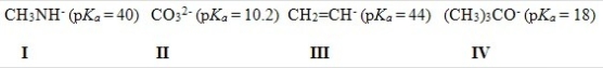 Which of the following bases can deprotonate acetylene? You are given the pK<sub>a</sub> values of the conjugate acids in parentheses.   A) Only I and II B) Only I and III C) Only II and III D) Only II and IV