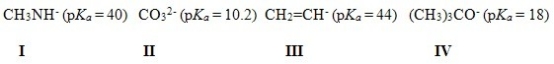 Which of the following bases cannot deprotonate acetylene? You are given the pK<sub>a</sub> values of the conjugate acids in parentheses.   A) Only I and II B) Only I and III C) Only II and III D) Only II and IV