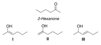 Which of the following compounds is a tautomer of 2-hexanone?   A) Only I and II B) Only I and III C) Only II and III D) I,II,and III