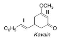 Label each C-C double bond in Kavain,a naturally occurring relaxant,as E or Z.   A) I = Z and II = Z B) I = Z and II = E C) I = E and II = E D) I = E and II = Z
