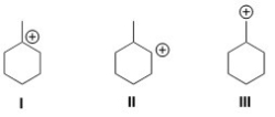 Rank the carbocation in order of increasing stability,putting the least stable first.   A) III < I < II B) III < II < I C) I < II < III D) I < III < II