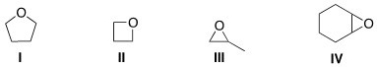 Which of the following compounds are epoxides?   A) Only I and III B) Only III and IV C) Only I,III,and IV D) I,II,III,and IV