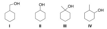 Which of the following alcohols reacts the fastest with HCl to give the corresponding alkyl halide?   A) I B) II C) III D) IV