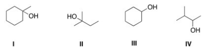 Which of the following alcohols is most likely to yield a carbocation that is susceptible to rearrangements?   A) I B) II C) III D) IV