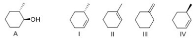 What is the major alkene formed when compound A is dehydrated with H<sub>2</sub>SO<sub>4</sub>?   A) I B) II C) III D) IV