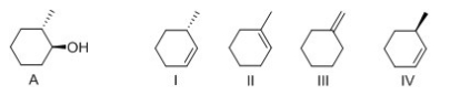 What is the major alkene formed when compound A is dehydrated with POCl<sub>3</sub> and pyridine?   A) I B) II C) III D) IV