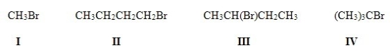 Which of the following is the most reactive substrate in an E2 reaction?   A) I B) II C) III D) IV