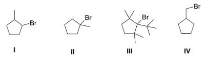 Which of the following is the most reactive substrate in an E1 reaction?   A) I B) II C) III D) IV