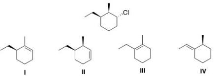 Which of the following is the major E2 product formed from the following alkyl halide?   A) I B) II C) III D) IV