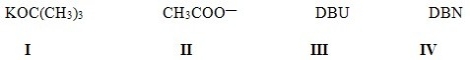 Which of the following is most likely to react as a nucleophile rather than a base?   A) I B) II C) III D) IV