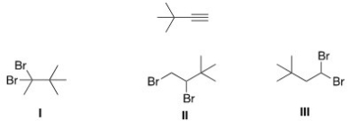 Which of the following is the dihalide that can be used to prepare the alkyne below?   A) I and II B) II and III C) I and III D) I,II,and III