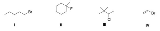 Which of the following alkyl halides is a primary alkyl halide?   A) I B) II C) III D) IV