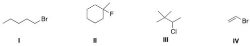 Which of the following alkyl halides is a vinyl alkyl halide?   A) I B) II C) III D) IV