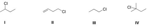 Which of the following alkyl halides will react fastest with CH<sub>3</sub>OH in an S<sub>N</sub>1 mechanism?   A) I B) II C) III D) IV