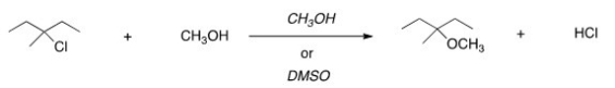 For the following reaction,use the identity of the alkyl halide and nucleophile to determine which substitution mechanism occurs.Then determine which solvent affords the faster reaction.   A) S<sub>N</sub>1,CH<sub>3</sub>OH B) S<sub>N</sub>1,DMSO C) S<sub>N</sub>2,CH<sub>3</sub>OH D) S<sub>N</sub>2,DMSO