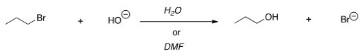 For the following reaction,use the identity of the alkyl halide and nucleophile to determine which substitution mechanism occurs.Then determine which solvent affords the faster reaction.   A) S<sub>N</sub>1,H<sub>2</sub>O B) S<sub>N</sub>1,DMF C) S<sub>N</sub>2,H<sub>2</sub>O D) S<sub>N</sub>2,DMF