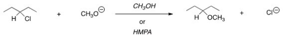 For the following reaction,use the identity of the alkyl halide and nucleophile to determine which substitution mechanism occurs.Then determine which solvent affords the faster reaction.   A) S<sub>N</sub>1,CH<sub>3</sub>OH B) S<sub>N</sub>1,HMPA C) S<sub>N</sub>2,CH<sub>3</sub>OH D) S<sub>N</sub>2,HMPA