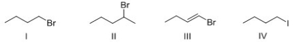 Rank the following compounds in order of increasing S<sub>N</sub>2 reactivity?   A) I > II > III > IV B) IV > I > II > III C) IV > III > II > I D) III > II > I > IV