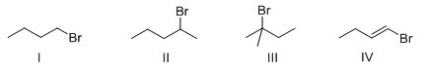 Rank the following compounds in order of increasing S<sub>N</sub>1 reactivity?   A) I > II > III > IV B) IV > I > II > III C) IV > III > II > I D) III > II > I > IV