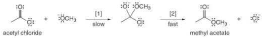 The conversion of acetyl chloride to methyl acetate occurs via the following two-step mechanism:   The conversion of acetyl chloride to methyl acetate would be classified as which of the following? A) Addition B) Elimination C) Substitution D) None of these