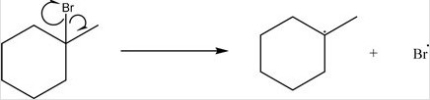 What type of bond cleavage takes place in/what type of intermediate is produced in the following reaction?   A) Homolysis/Radical B) Homolysis/Carbocation C) Heterolysis/Carbocation D) Heterolysis/Carbanion