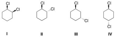 Which of the following molecules are achiral?   A) II,III B) I,II C) I,IV D) III,IV