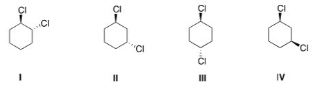 Which of the following compounds has a plane of symmetry?   A) I and II B) II and III C) II,III,and IV D) III and IV