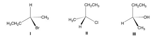 Which of the following structures has the R configuration?   A) Only I B) Only II C) Only I and II D) I,II,and III